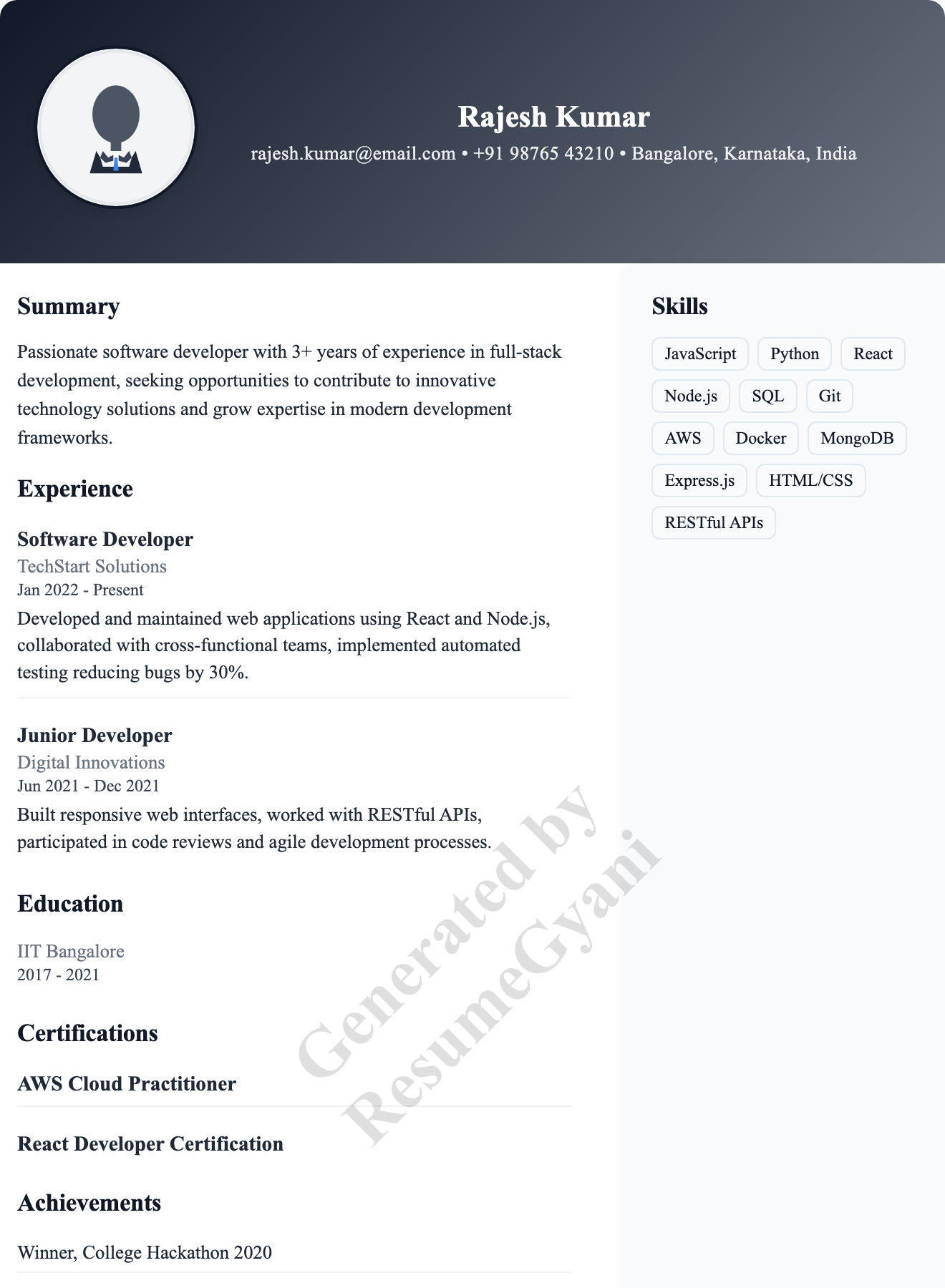 Bank PO (Right Sidebar) Resume Template