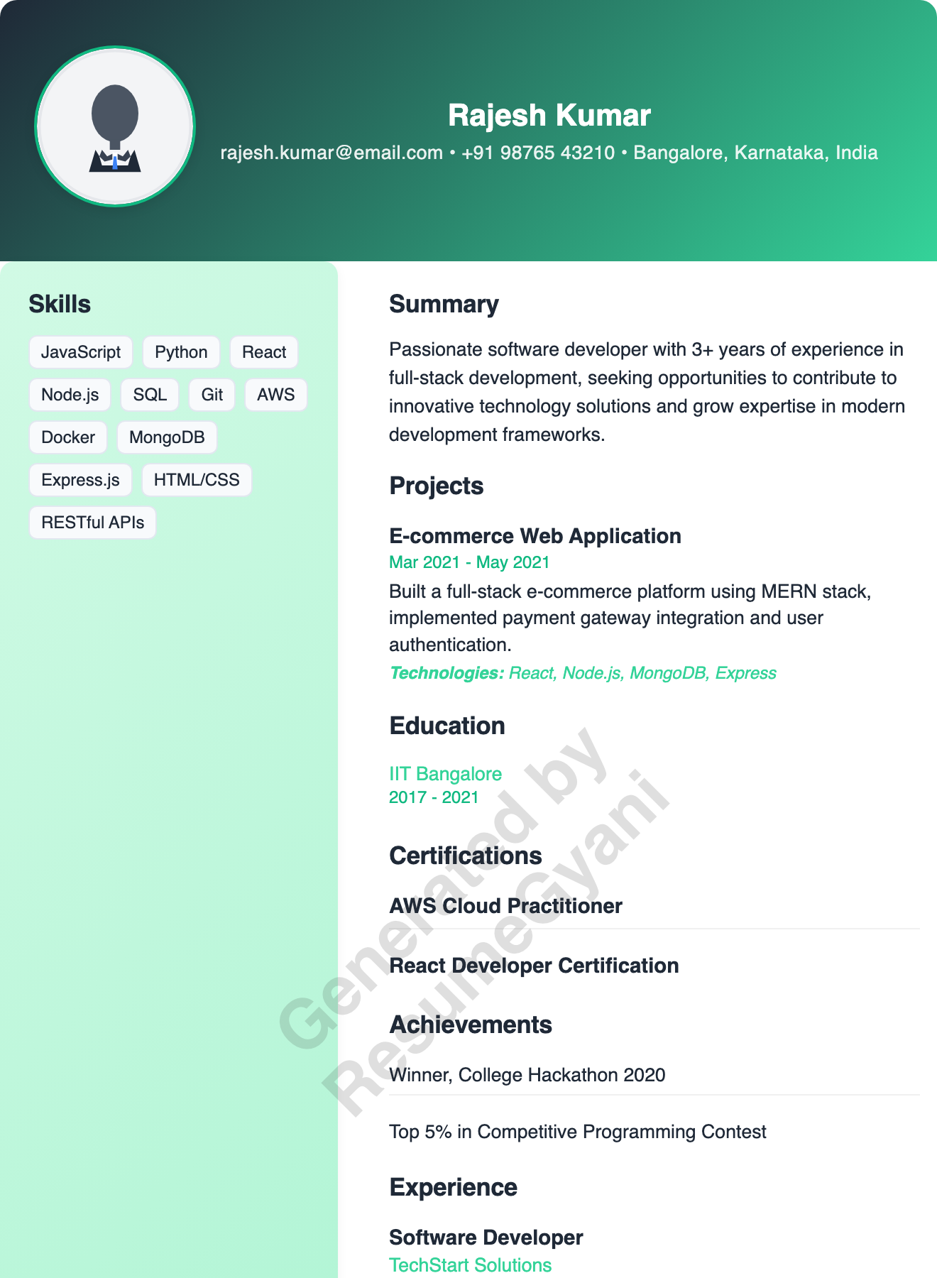 Engineering Fresher (Left Sidebar) Resume Template