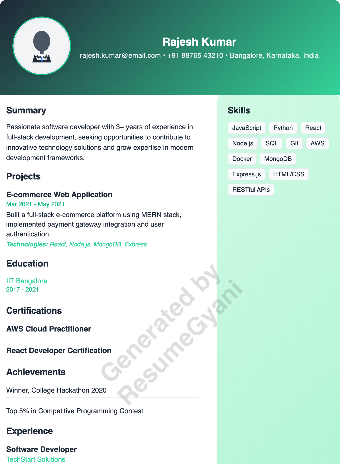 Engineering Fresher (Right Sidebar) Resume Template