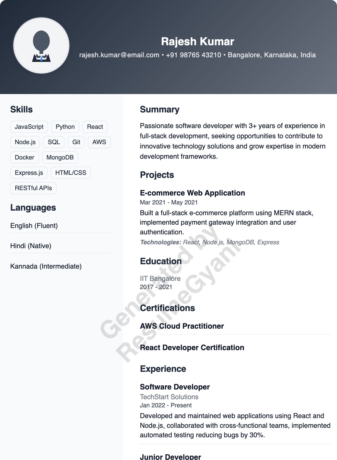 IT Fresher (Left Sidebar) Resume Template